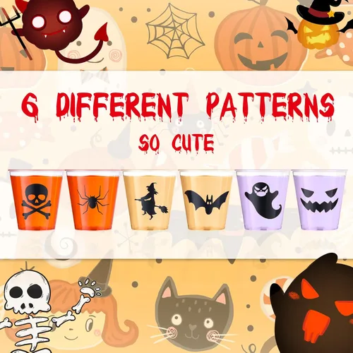 Vista 2 de Mumufy 120 vasos de chupito de plástico de Halloween de 1.69 onzas desechables para fiestas, vasos de calabaza y fantasmas, muestra clara, tazas