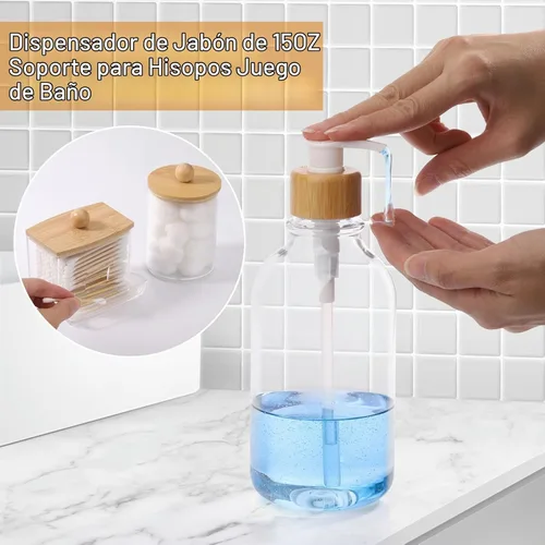 Vista 5 de Juego de accesorios de baño de bambú, 4 piezas, soporte para cepillos de dientes transparente, dispensador de jabón de plástico y 2 soportes