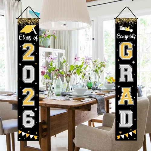 Vista 5 de Bandera de decoración de graduación 2025 GRAD Bandera negra para porche y puerta de bienvenida para pared interior y exterior, decoración