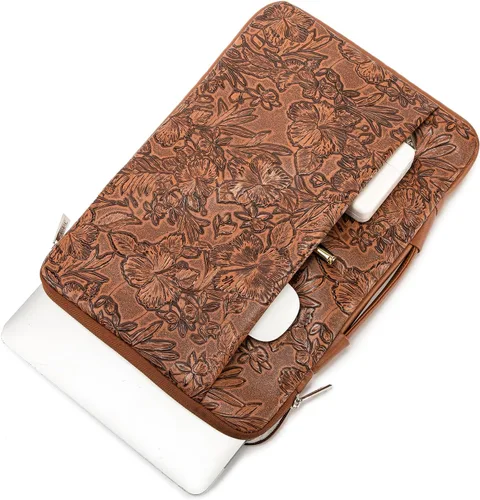 Vista 3 de Kinmac Funda protectora de piel sintética en relieve de 360° para laptop con solapa (flor de café, 15 a 15.6 pulgadas)
