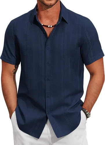 Vista 9 de COOFANDY Camisas casuales con botones para hombre, de manga corta, para verano, playa, texturizadas