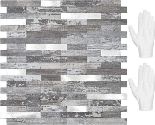 Vista 27 de STICKGOO Azulejo de protección contra salpicaduras para despegar y pegar, para cocina y baño, aspecto de madera negra y gris, PVC, mezcla de metal