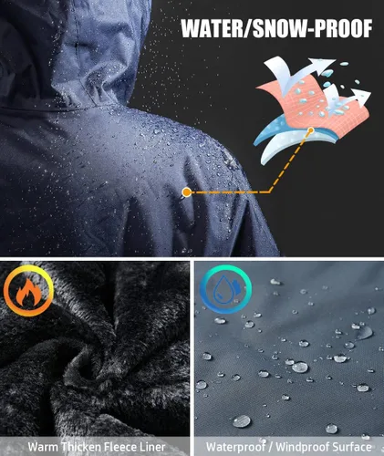 Vista 4 de MANSDOUR Chaqueta de senderismo para hombre, impermeable, cálida, forro polar, para invierno, snowboard, cortavientos, con capucha