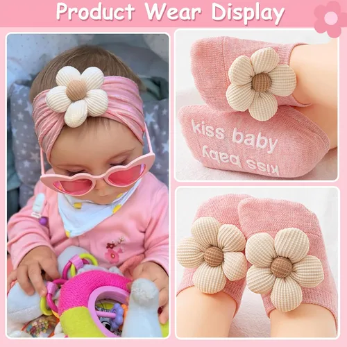 Vista 3 de MIUXUESO Diademas y calcetines para bebés y niñas recién nacidas, bandas para el pelo de flores para recién nacidas, calcetines antideslizantes
