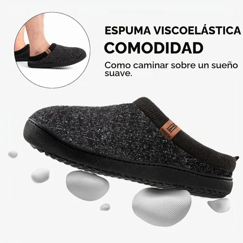 Vista 4 de MERRIMAC - Zapatillas de deslizamiento para hombre, cómodas, con espuma viscoelástica, antideslizantes, para interiores, zapatos de casa Negro