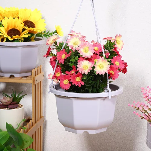 Vista 9 de 8-Inch Hanging Planters Octagonal Plastic Flower Pots with Hook, 10pcs Indoor Hanging Plant Baskets for Balcony and Garden, White Gardening