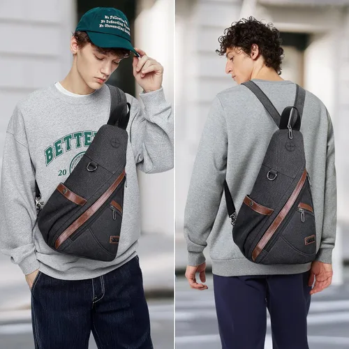Vista 2 de WITZMAN Bolso bandolera de lona para hombres y mujeres, mochila convertible cruzada, estilo vintage, bolsa de pecho de viaje casual (A8003, negro)