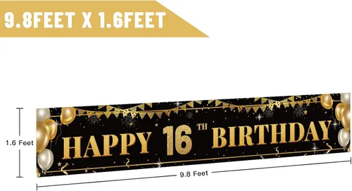 Vista 2 de Cartel grande de decoración de cumpleaños número 16, cartel de feliz cumpleaños número 16 negro y dorado, suministros de decoración de fiesta