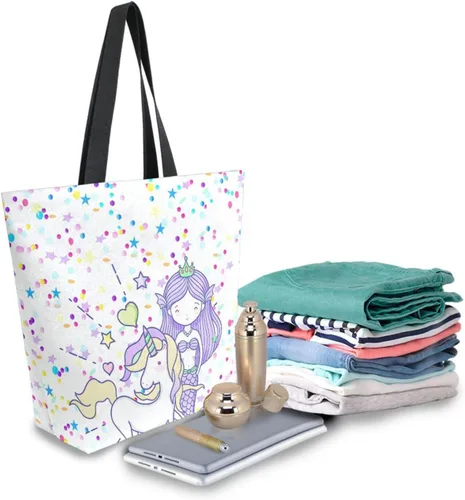 Vista 7 de SUABO Bolsa de asas de cocina reutilizable para comestibles, bolsa de compras de lona para exteriores Unicornio Sirena Chica