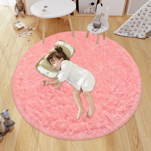 Vista 9 de Alfombra circular pequeña para dormitorio, 2 x 2 pies, color azul, para decoración de habitación de niños, redonda esponjosa para guardería