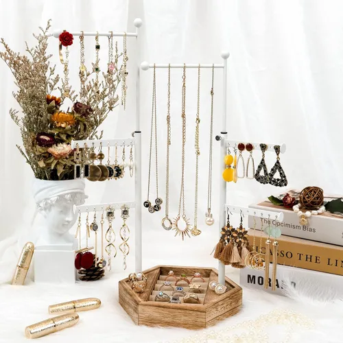 Vista 7 de Soporte organizador de joyas, soporte de 6 niveles para joyas con altura ajustable, organizador de exhibición y almacenamiento para aretes, anillos