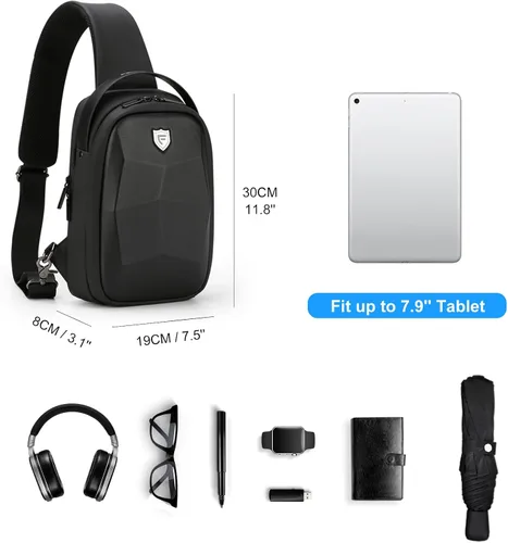 Vista 2 de FENRUIEN Bolsa rígida para hombre, mochila cruzada resistente al agua con puerto USB, bolsa de pecho negra para viajesuso diario, Negro -, Mochilas