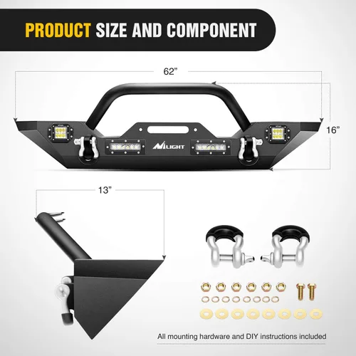 Vista 2 de Nilight - Parachoques delanteros compatibles con Jeep Wrangler JK/JKU de 2007, 2008, 2009, 2010, 2011, 2012, 2013, 2014, 2015, 2016, 2017 y 2018