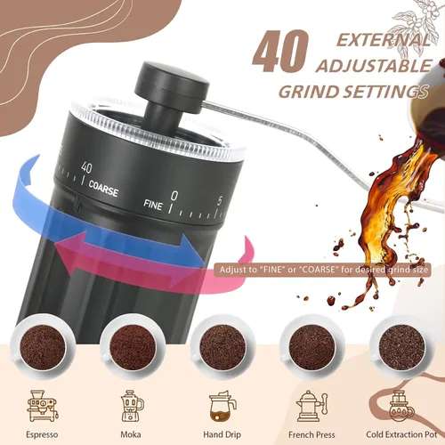 Vista 2 de Molinillo de café manual, 40 ajustes externos ajustables, molinillo de grano de café de cerámica cónica portátil, molinillo de café de manivela