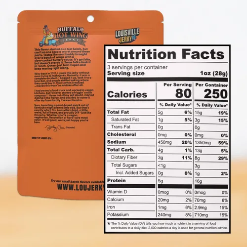 Vista 2 de Louisville Vegan Jerky - Buffalo Hot Wing Carne vegana y vegetariana - Cecina para morder los labios - Snacks veganos altos en proteínas sin gluten