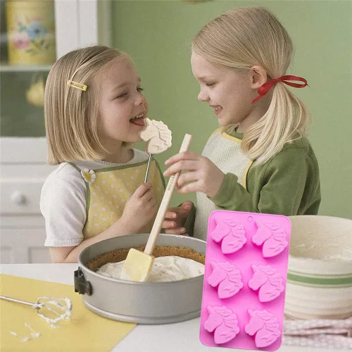Vista 6 de Fewo Molde de silicona antiadherente con forma de unicornio de 6 cavidades, para tartas de fiesta, jabones, bombas de baño, chupitos de gelatina
