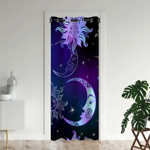 Vista 11 de Cortinas opacas de fantasía bohemias para puertas, diseño de luna mística, estrellas, tribal, para armario de dormitorio de niños, con ojales
