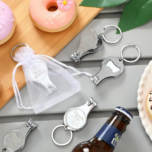 Vista 5 de Kanayu Llavero con clip de uñas, abrebotellas, regalo de boda a granel con cordón blanco, bolsa de organza para baby shower, regalo de fiesta