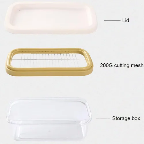 Vista 6 de Caja cortadora de mantequilla, plato de mantequilla de plástico con tapa, cortador de mantequilla de acero inoxidable, recipiente rectangular