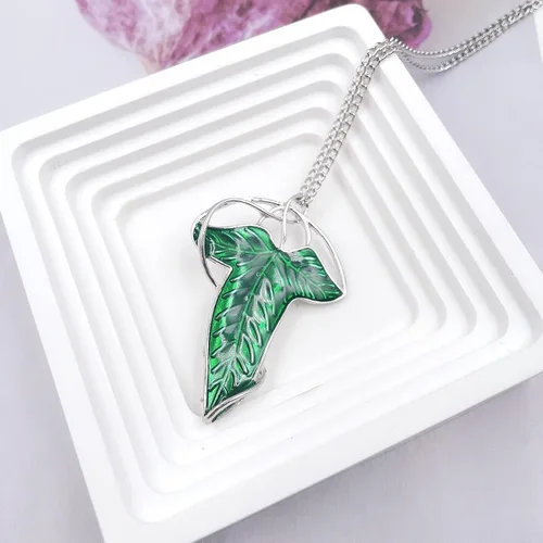 Vista 3 de El único anillo para gobernarlos todos para hombres y mujeres, El señor de los anillos, elegante collar con dije de hoja de árbol verde elfo, broche