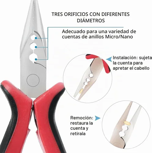 Vista 2 de Alicates para extensiones de cabello, 3 agujeros para extensiones de cabello con micro nanoanillo, abrey extracción, alicates de punta de aguja