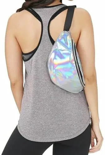 Vista 2 de Elegante mujer iridiscente holograma riñonera brillante metálico cintura bolsa punk chica para festival rave senderismo correr ciclismo, plateado