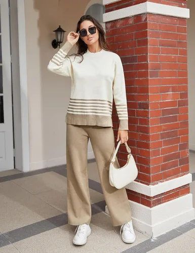 Vista 3 de Bianstore Conjunto de 2 piezas para mujer, suéter de punto de manga larga, pantalones de pierna ancha, conjunto de sudadera