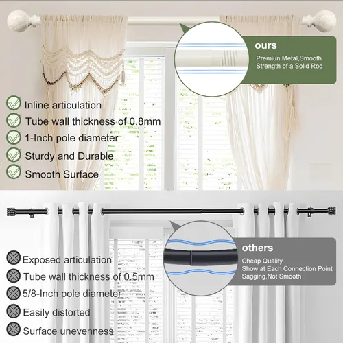 Vista 5 de Barras de cortina de madera blanca para ventanas: HTZON 1" Barra de cortina rústica de estilo granja estilo bohemio para sala de estar y dormitorio