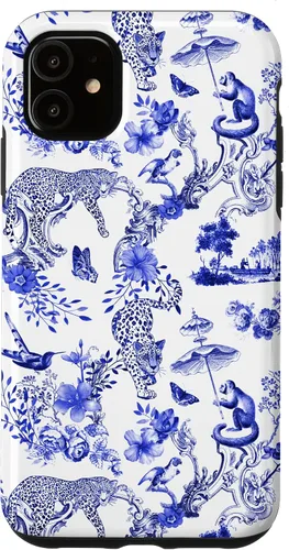 Vista 8 de French Blue Toile Chinoiserie with Flowers, Monkey, Leopards Case for iPhone 17
