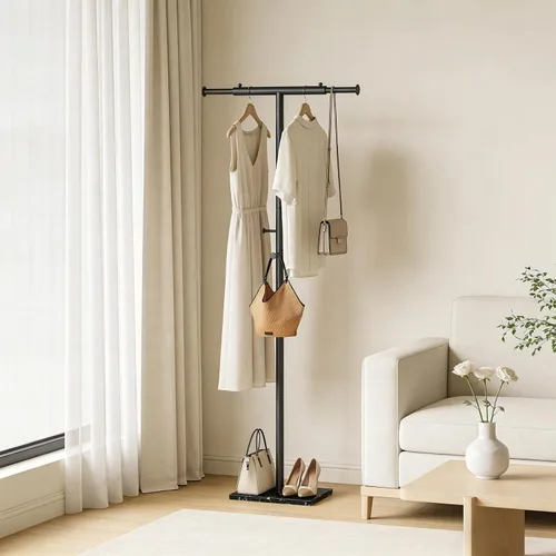 Vista 7 de ELYKEN Perchero independiente con base de mármol natural, ancho ajustable en forma de T, árbol de metal con 2 ganchos, moderno perchero