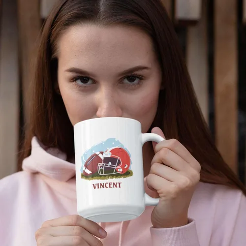 Vista 3 de Tazas personalizadas de gran fútbol americano, Personalizado elegir nombre taza de café de fútbol americano, Taza de té de fútbol personalizado