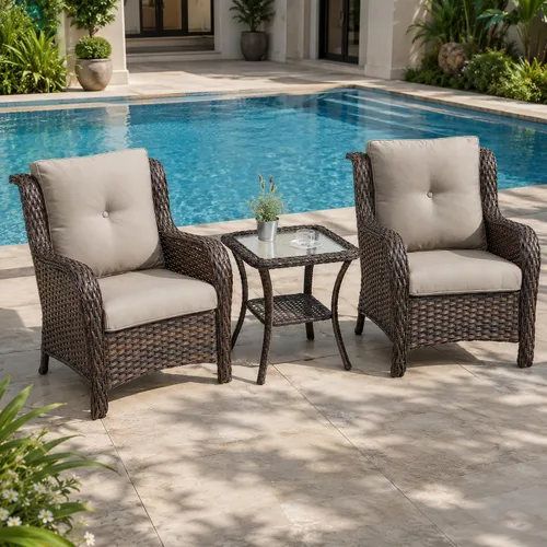 Vista 23 de HUMMUH Juego de 2 sillas de mimbre para patio, sillas de comedor de ratán de polietileno para exteriores, con cojines de asiento de 4 pulgadas