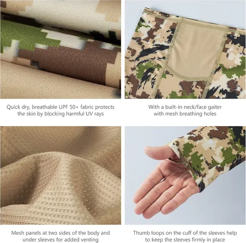Vista 6 de BASSDASH UPF 50+ Camisas de caza para hombre con máscara de manga larga con capucha de camuflaje