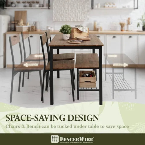 Vista 5 de Fencer Wire Juego de mesa de comedor de 4 piezas para 4 piezas con banco y sillas, mesa rectangular, banco y dos sillas, juego de comedor que ahorra