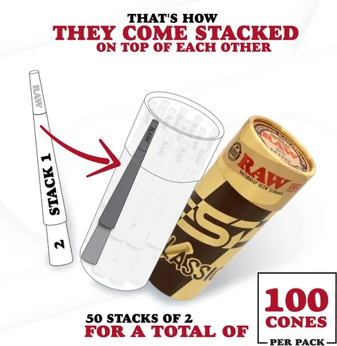 Vista 2 de RAW Cones Classic Lean Size – Paquete de 100 – Conos preenrollados de combustión lenta con puntas y tubos de embalaje incluidos