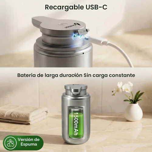 Vista 6 de GentleJet WaveJet - Dispensador automático de jabón espumoso con sensor sin contacto, USB-C recargable, acero inoxidable 304, IPX5 resistente al