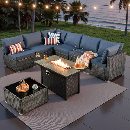 Vista 52 de ovios Juego de muebles de patio al aire libre de 5 piezas con mesa de café, conjunto seccional de muebles de patio con sofá de mimbre para todo tipo