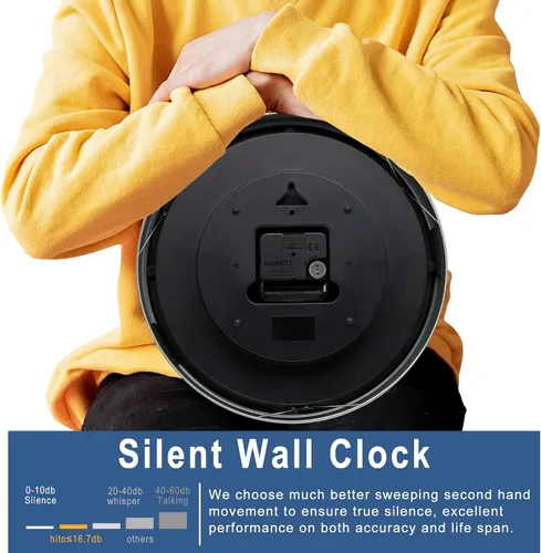 Vista 41 de HITO Reloj de pared silencioso de 10 pulgadas, funciona con pilas, sin tictac, cubierta de vidrio, marco de aluminio plateado, para decoración