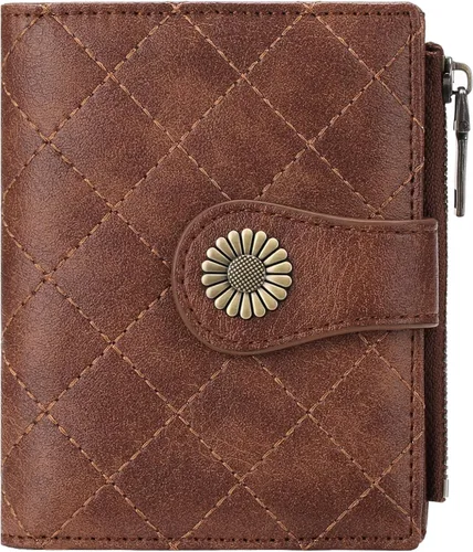 Vista 7 de FALAN MULE Billetera pequeña para mujer, plegable, con bloqueo RFID, portatarjetas de piel con bolsillo con cremallera para monedas Blanco/Marrón
