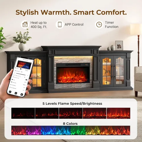 Vista 3 de 8-Color Electric Fireplace TV Stand, 104" Entertainment Center with Heater Negro