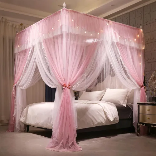 Vista 8 de VETHIN Cortina de Dosel de Cama de Princesa con Volantes de 4 Postes de Esquina - Red de Tul de Doble Capa Acogedora con 4 Aberturas, Mosquitera