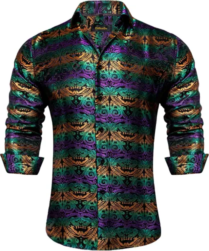 Vista 21 de DiBanGu Camisa de vestir de paisley de seda para hombre, formal, de manga larga, con cuello abotonado, camisas informales para fiesta de boda Negro