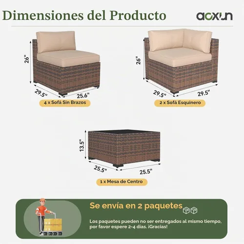 Vista 7 de Aoxun - Juego de 7 piezas de muebles de patio de mimbre de ratán, conjunto de sofá modular para conversación de patio con mesa de café y cojines