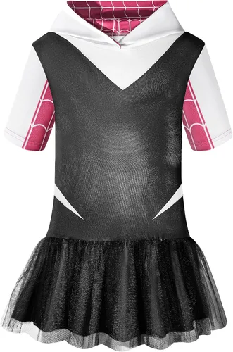 Vista 4 de sunmond Disfraz de Spider Gwen para niñas, disfraz de superhéroe fantasma, Stacy, vestido de cosplay, perfecto para uso diario y Halloween