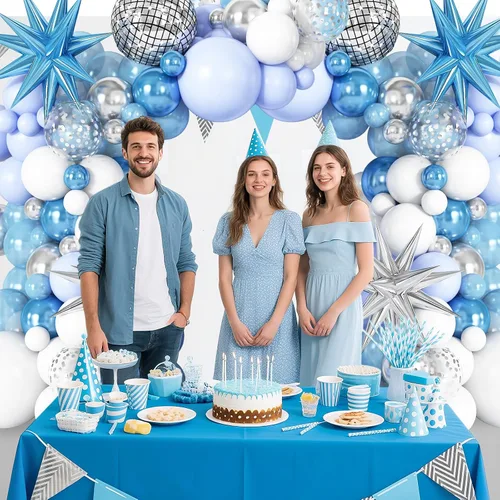 Vista 3 de Kit de guirnalda de arco de globos de color azul, blanco y plateado con globos de bola de discoteca, globos de papel de aluminio de estrella