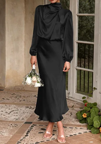 Vista 6 de BTFBM Vestido de satén con cuello alto falso para mujer, para primavera y verano, manga larga, ligero, formal, para boda, fiesta, maxi vestidos