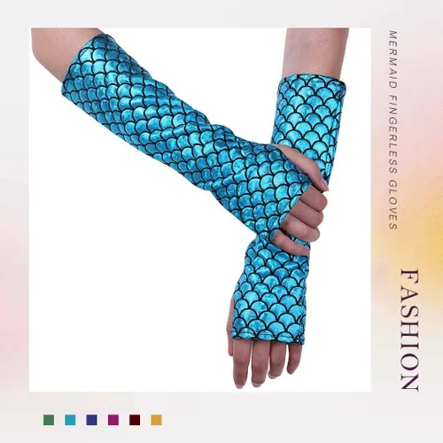 Vista 6 de RELBCY Guantes de escamas metálicas, guantes sin dedos, guantes largos para fiesta, accesorios de disfraces para mujeres y niñas