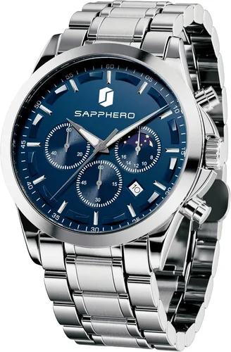 Vista 18 de SAPPHERO Relojes para hombre, cronógrafo, de acero inoxidable, impermeable, cuarzo, para negocios, casual, reloj de vestir para hombre, fecha Negro