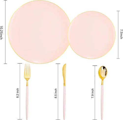 Vista 8 de Liacere 150 platos de plástico, cubiertos de plástico dorado con mango rosa, platos desechables color rosa incluyen 30 platos, tenedores, cucharas