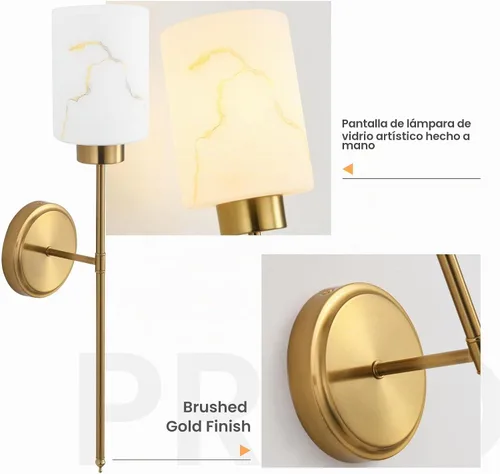 Vista 3 de Juego de 2 apliques de pared dorados con pantalla de vidrio de mármol, accesorios modernos de tocador de baño para dormitorio, pasillo, entrada